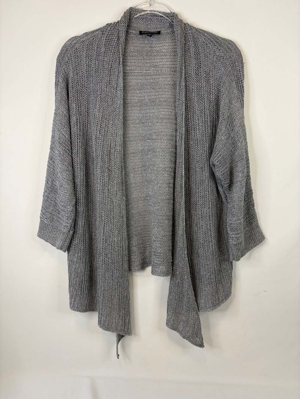 Eileen Fisher Gray Silk Linen Blend Knit Cardigan Loose Open Front 3/4 Sleeve XL